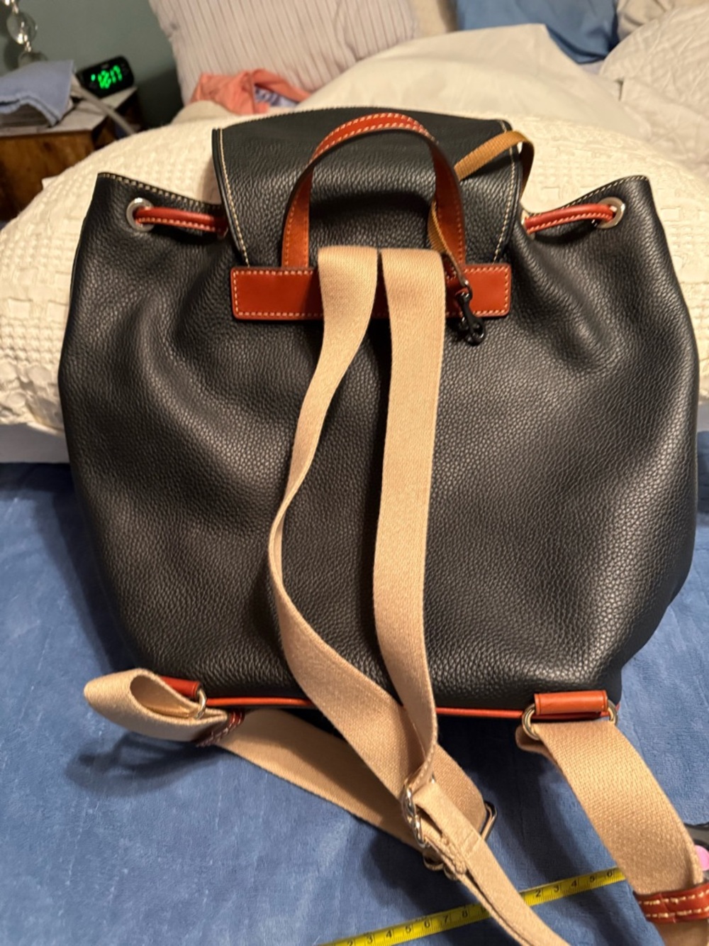 Dooney & Bourke Black Pebbled Leather Drawstring Backpack with Brown Trim - Picture 6 of 6